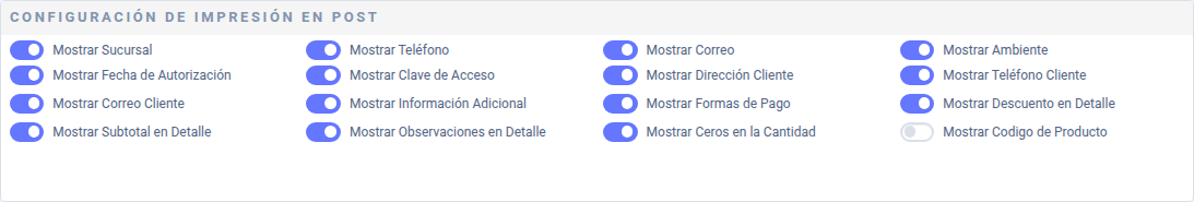 Bloque Configuración de Impresión en Post con sus interruptores