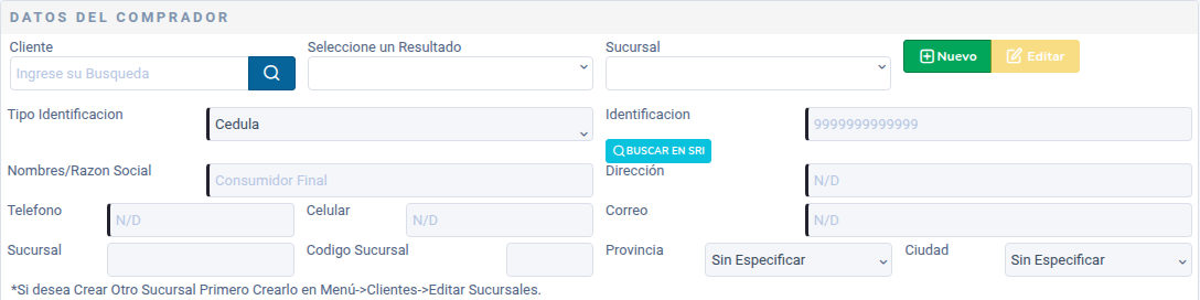 Datos del Comprador con los botones Nuevo, Editar y Buscar en SRI