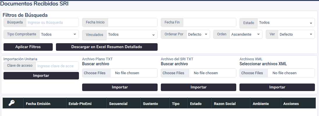 Pantalla de Documentos Recibidos SRI con los filtros y las 4 formas de importar