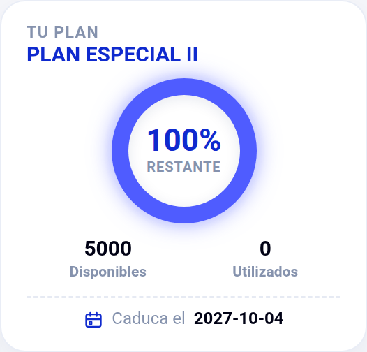 Tarjeta Tu plan con el porcentaje restante, disponibles, utilizados y fecha de caducidad