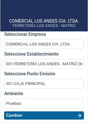 Selector de empresa, establecimiento, punto de emisión y ambiente