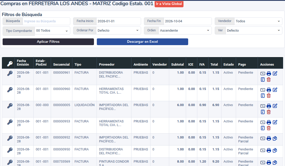 Listado Compras Todos con filtros, columna Pago y acciones