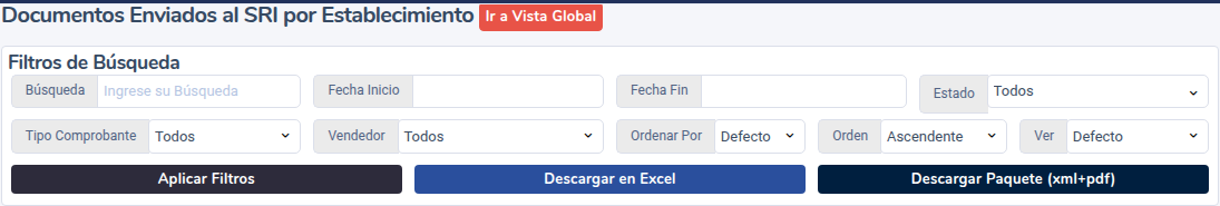 Filtros de Documentos Enviados SRI con botones de Excel y Descargar Paquete