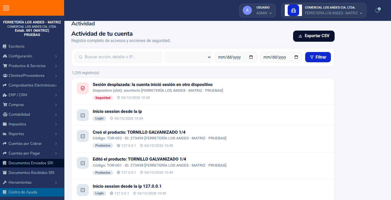 Pantalla Actividad de tu cuenta con filtros y registros