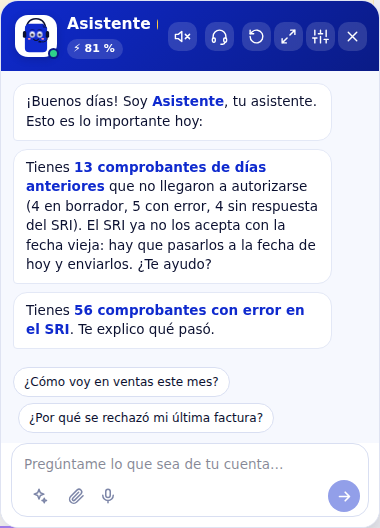Chat del asistente abierto con avisos y preguntas sugeridas