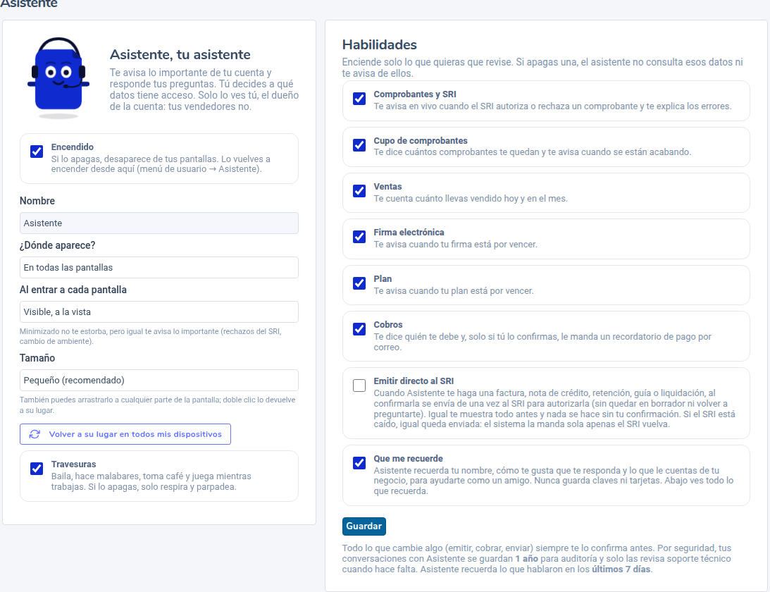 Pantalla de configuración del asistente con sus opciones y habilidades