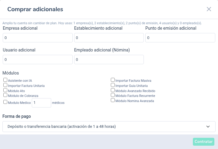 Ventana Comprar adicionales con la lista de módulos y la forma de pago