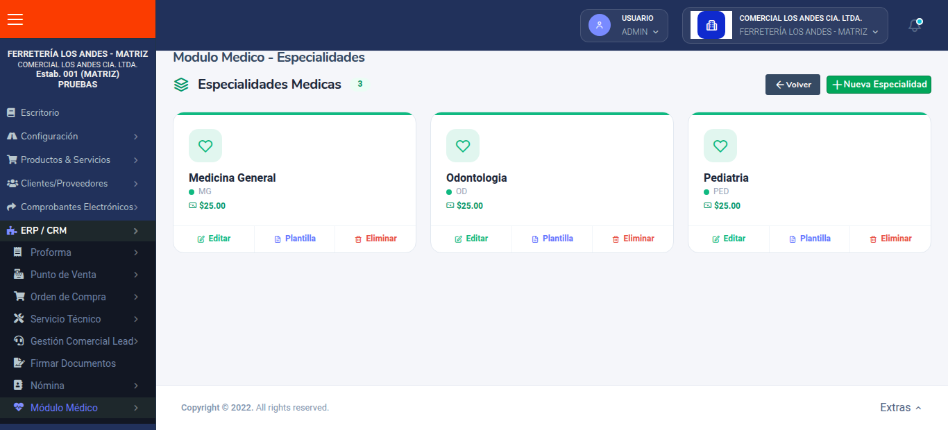 Lista de especialidades médicas con precio y botones Editar, Plantilla y Eliminar