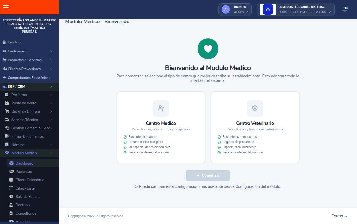 Pantalla de bienvenida del Módulo Médico para elegir el tipo de centro