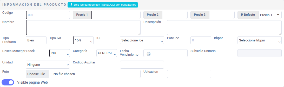 Formulario de nuevo producto con Precio 1, Precio 2, Precio 3 y P. Defecto