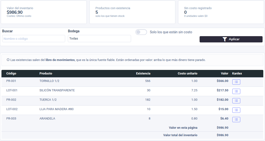 Pantalla Valorización de Inventario con las tarjetas de valor, filtros y tabla por producto