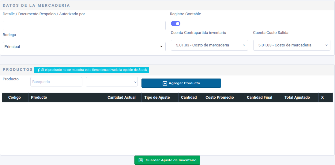 Pantalla Ajuste de Inventario con Detalle, Bodega, Registro Contable y la tabla con Tipo de Ajuste y Cantidad Final