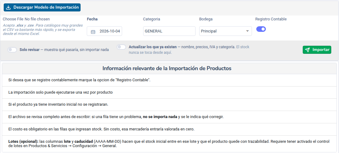 Pantalla Importar Productos con modelo, Fecha, Categoria, Bodega, Registro Contable, Solo revisar y Actualizar los que ya existen