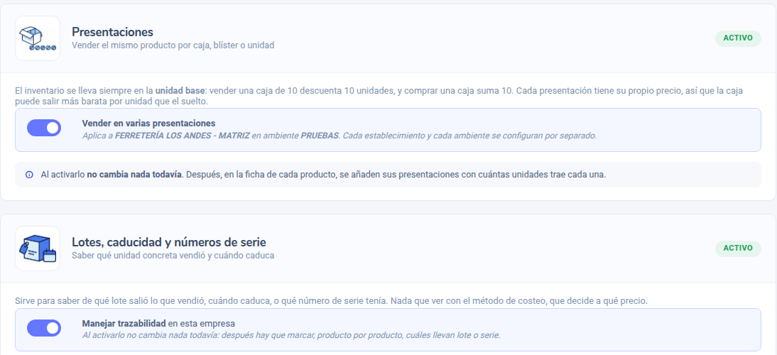 Configuración general de inventario con los bloques Presentaciones y Lotes, caducidad y números de serie