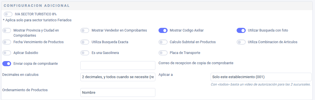 Tarjeta Configuracion Adicional del establecimiento con el interruptor Calculo Subtotal en Productos