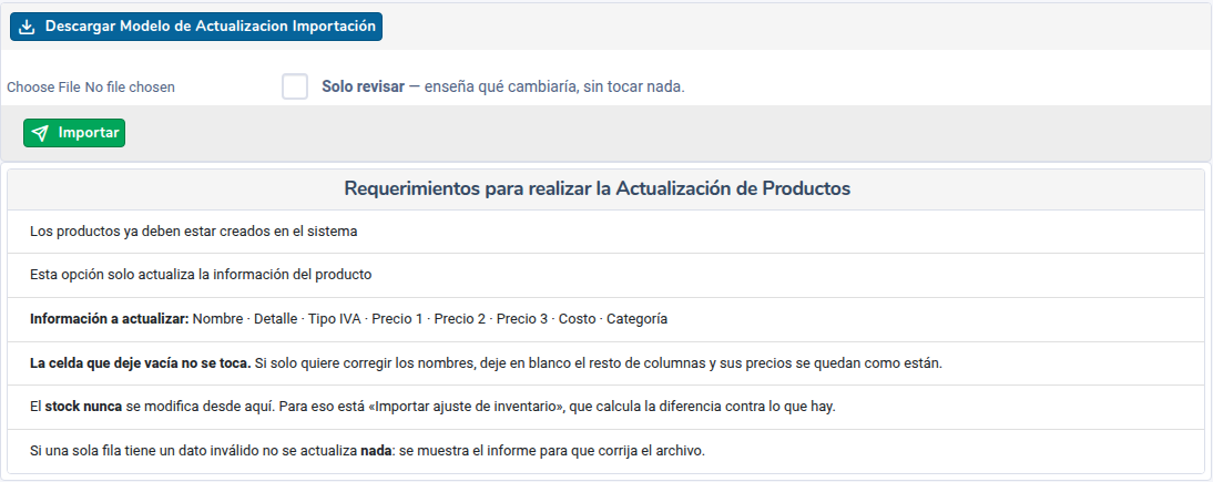 Pantalla Importar Actualizacion Productos con el botón de modelo, la casilla Solo revisar y los requisitos