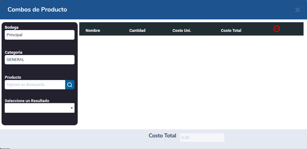 Ventana Combos de Producto con Bodega, buscador de productos y tabla de componentes