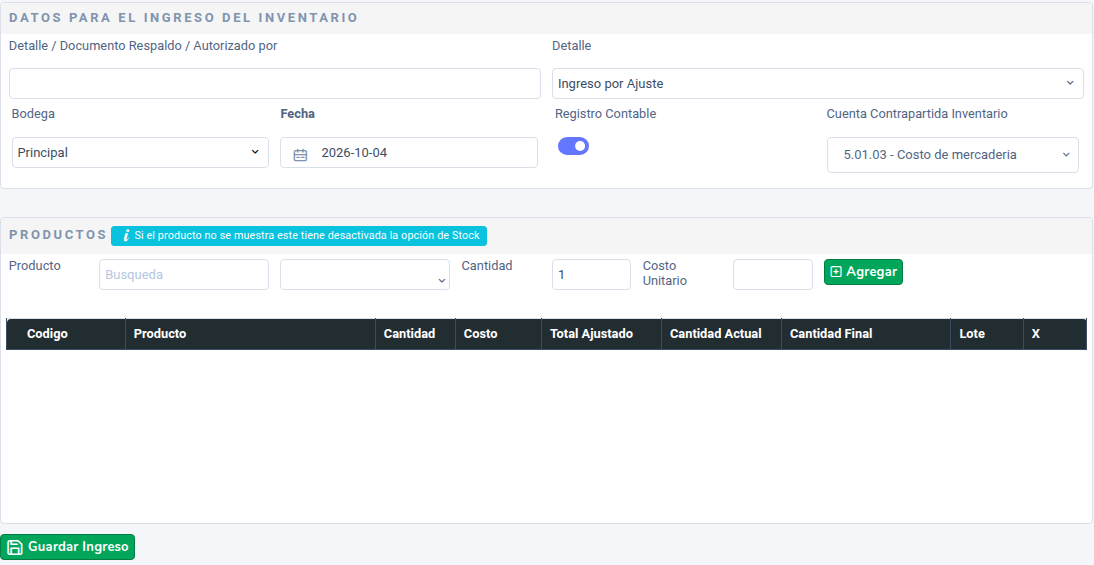 Pantalla Ingreso Mercaderia con Detalle, Bodega, Fecha, Registro Contable y la tabla de productos