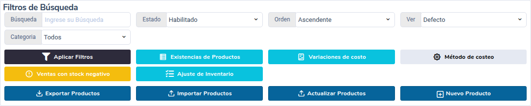 Filtros de búsqueda y botones de la lista de productos