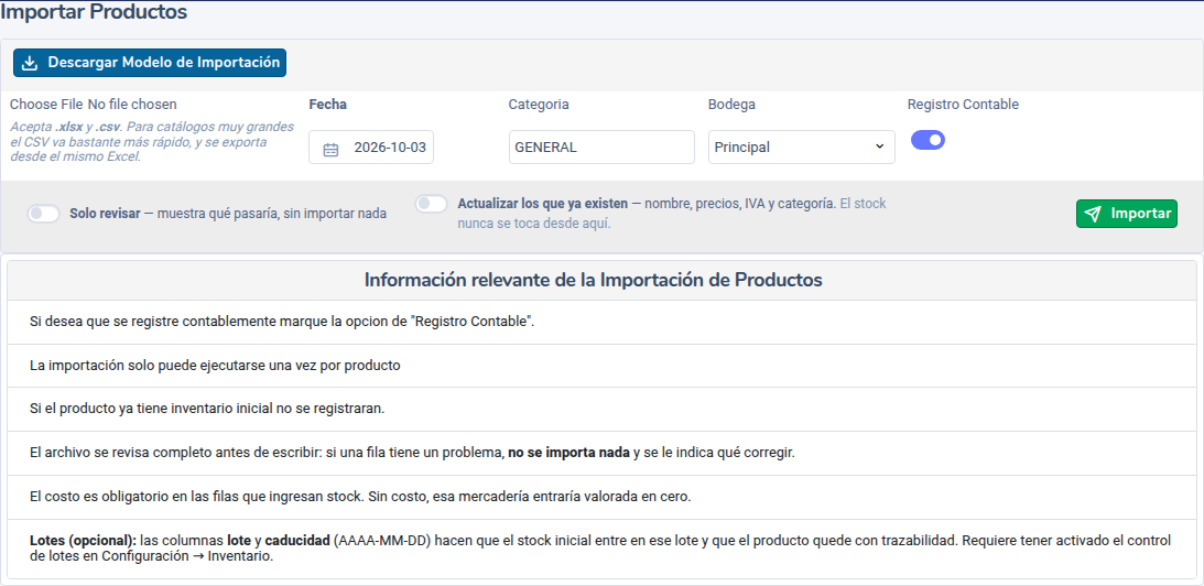 Pantalla Importar Productos con sus opciones