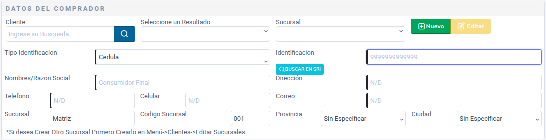 Datos del comprador en la factura con el botón Nuevo