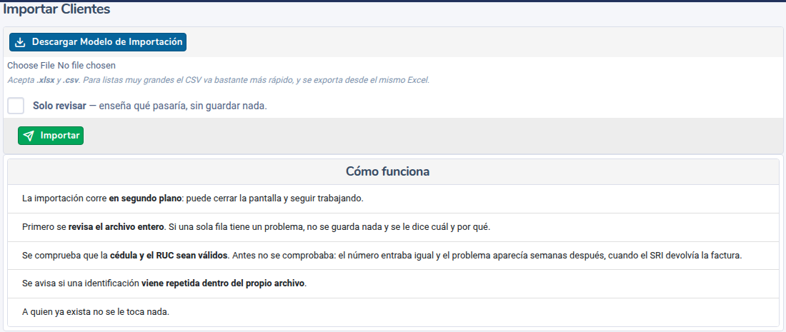 Pantalla Importar Clientes