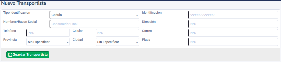 Formulario Nuevo Transportista