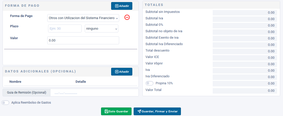 Forma de pago, datos adicionales, totales y botones de guardar