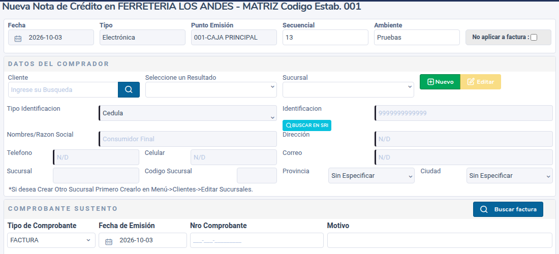 Formulario de nueva nota de crédito con comprador y comprobante sustento