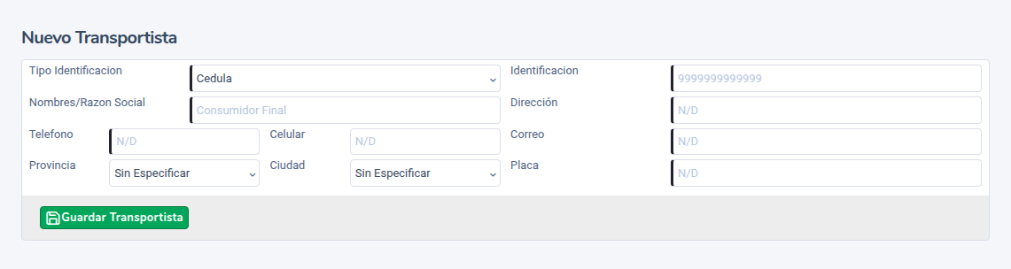 Formulario de nuevo transportista