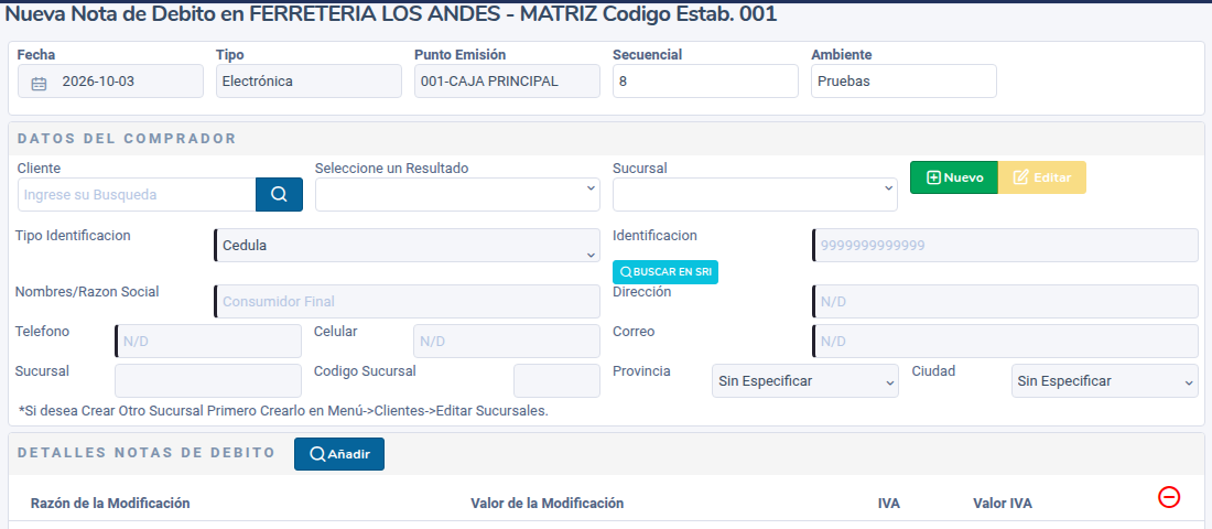 Formulario de nueva nota de débito