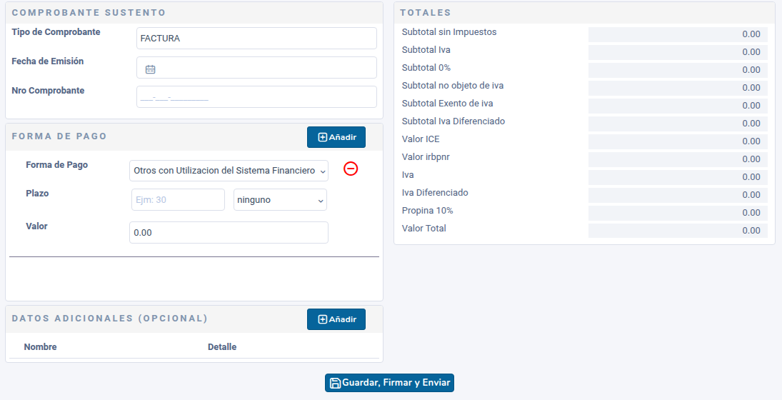 Comprobante sustento, forma de pago, totales y botón Guardar, Firmar y Enviar