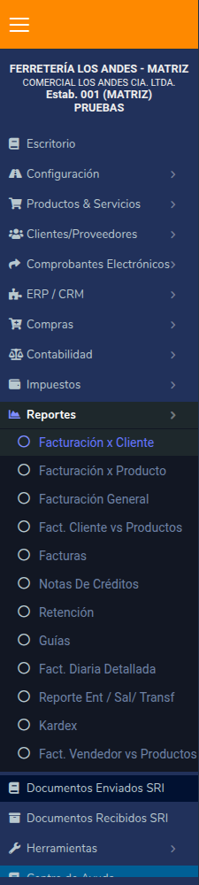 Menú Reportes desplegado