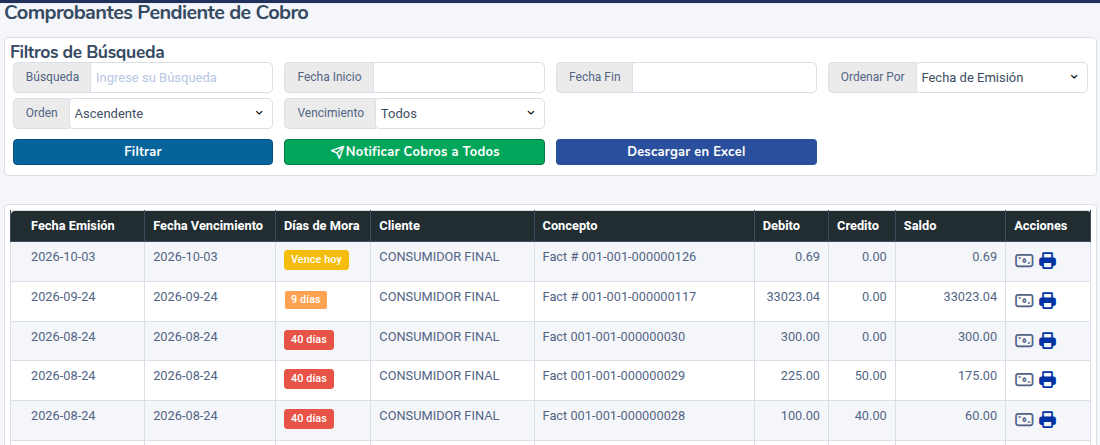 Comprobantes pendientes de cobro
