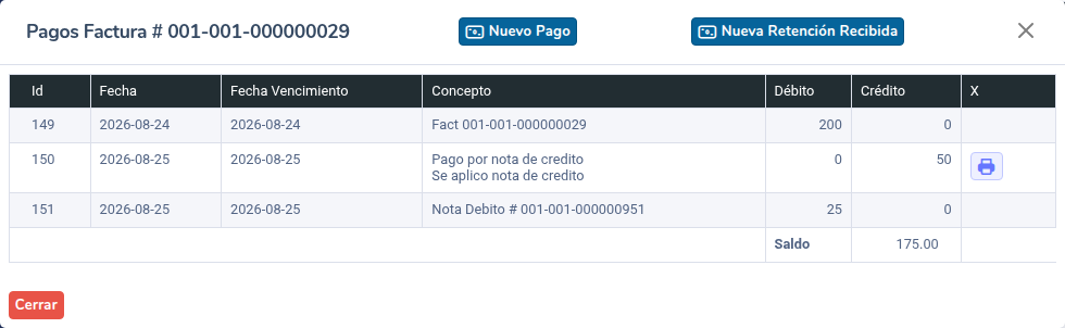 Ventana de pagos de una factura con un abono por nota de crédito