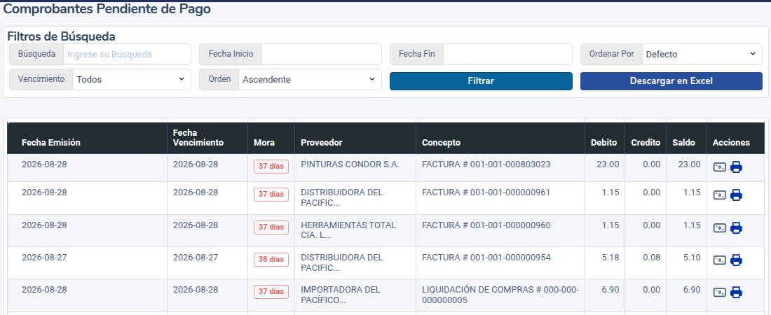 Comprobantes pendientes de pago