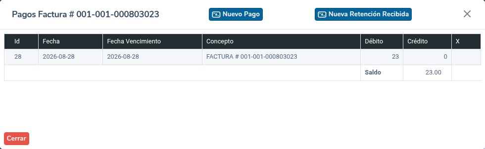 Ventana de pagos de una factura de compra