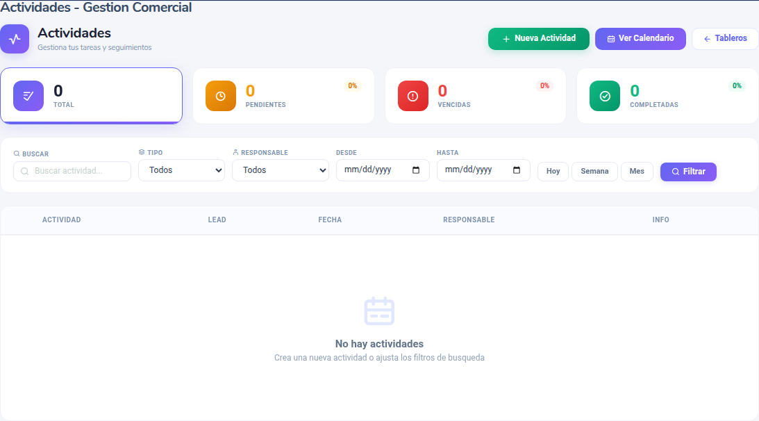 Pantalla de Actividades con indicadores y filtros