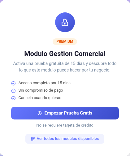 Recuadro para activar la prueba gratuita de Gestión Comercial