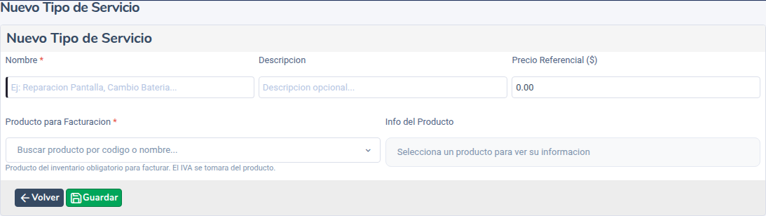 Formulario Nuevo Tipo de Servicio con el campo Producto para Facturación