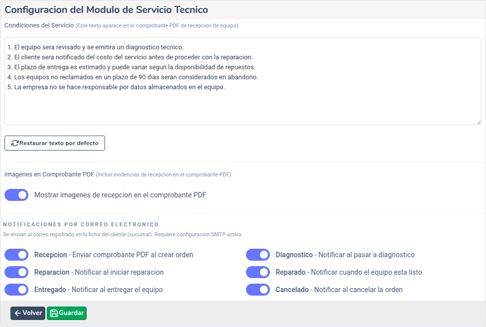 Pantalla de configuración del módulo de Servicio Técnico