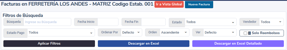 Filtros de búsqueda del listado de facturas
