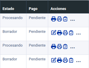 Columnas Estado, Pago y Acciones del listado de facturas