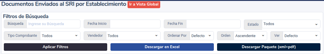 Filtros de Documentos Enviados SRI con descargas a Excel y paquete XML y PDF