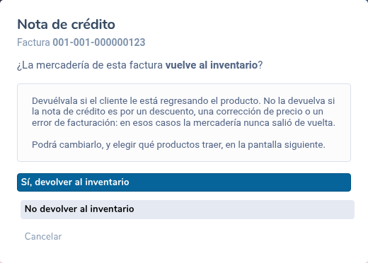 Ventana Nota de crédito que pregunta si la mercadería vuelve al inventario