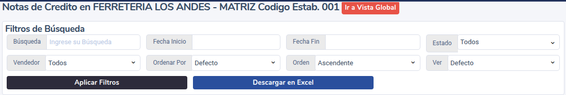 Filtros del listado de notas de crédito