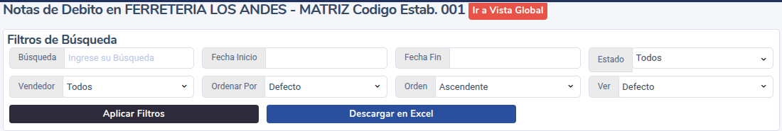 Filtros del listado de notas de débito