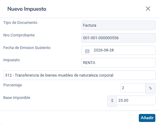 Ventana Nuevo Impuesto con código 312 al 2 %