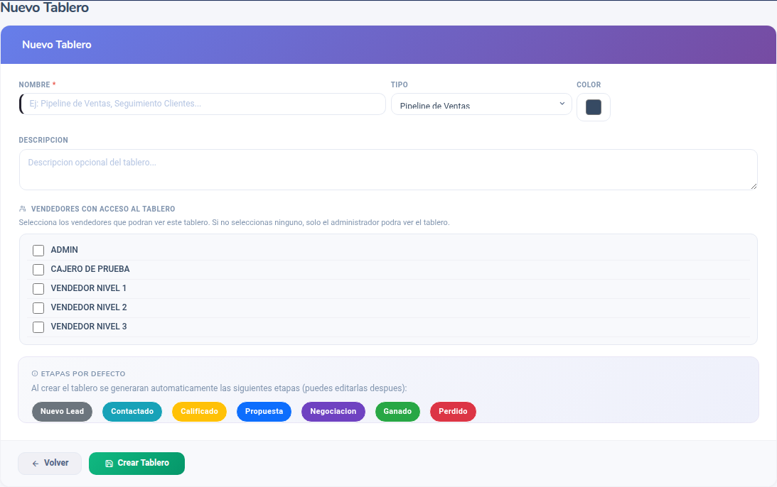 Formulario Nuevo Tablero con vendedores y etapas por defecto