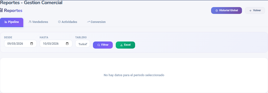 Pantalla de reportes comerciales con pestañas y filtros